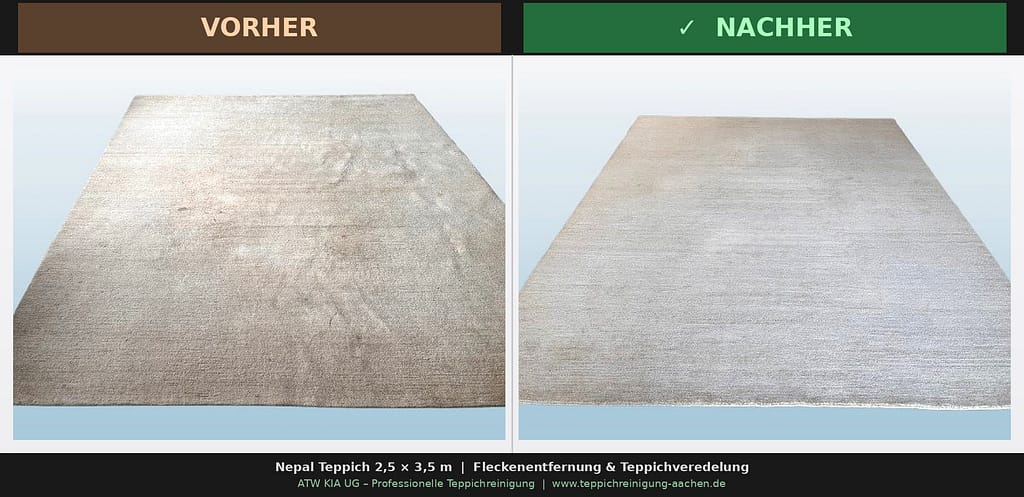 Nepal Teppich Vorher Nachher: Starke Farb- und Helligkeitsverbesserung durch Teppichveredelung Aachen ohne Chemie