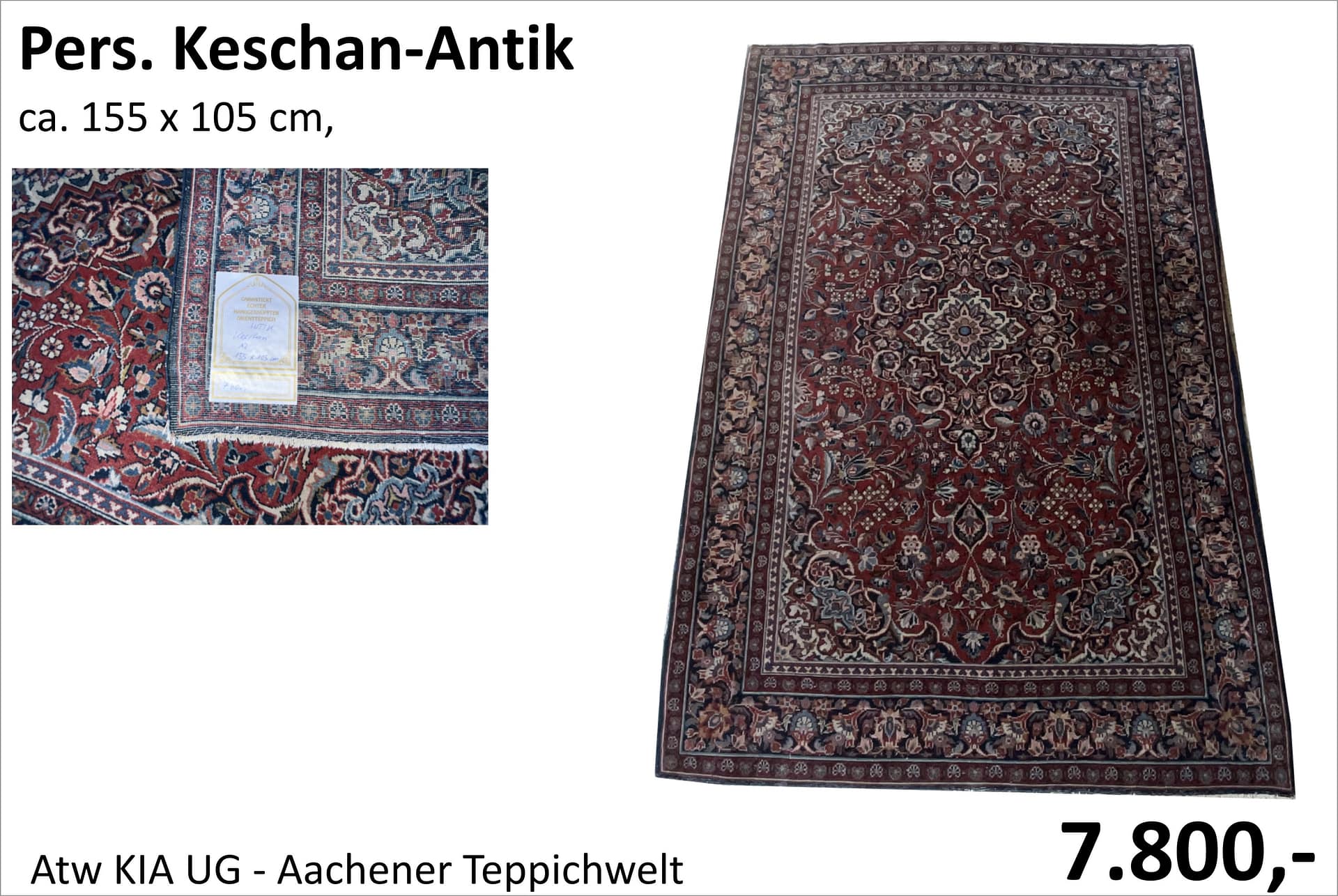 Antiker persischer Keschan 155 x 105 cm – hochwertiges Sammlerstück bei ATW KIA Teppichwelt KIA Aachen für 7.800 Euro